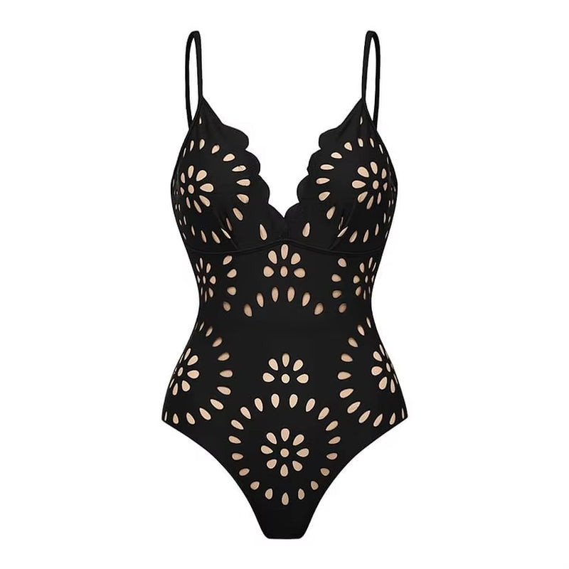 Flaxmaker Women One Piece Swimsuit and Skirt Black Laser Cutting Flower Hollow Swimwear Summer Deep V Neck Bathing Suit 2025