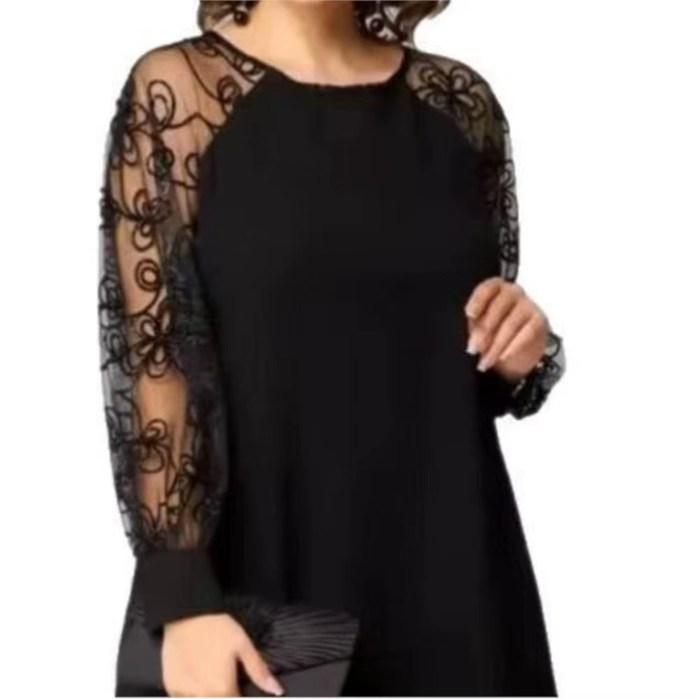 Fashionable Patchwork Lace Long-Sleeved round Neck Dress Solid Color Chic Simple Style Temperament Foreign Style Trendy Vestidos