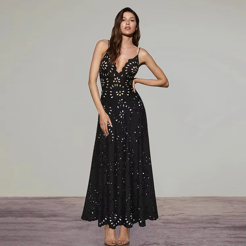 Flaxmaker Women One Piece Swimsuit and Skirt Black Laser Cutting Flower Hollow Swimwear Summer Deep V Neck Bathing Suit 2025