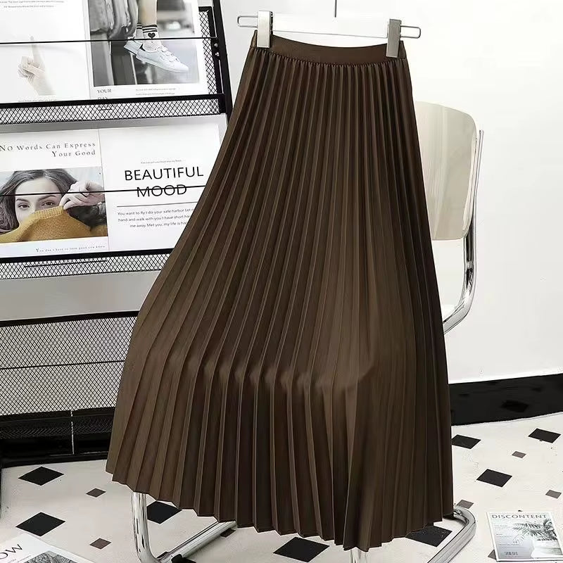 Pleated Skirts Women 2023 Autumn New Korean Fashion Vintage Solid a Line Skirt for Lady Chic Elegant Midi Skirt