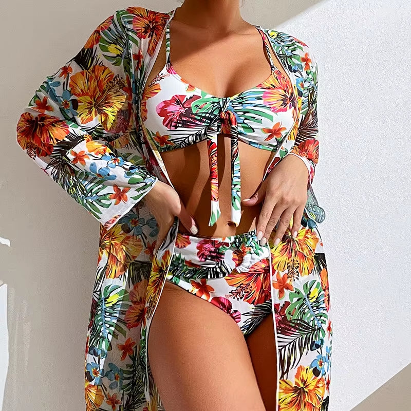 Bohemian Print Sexy Women'S Beach Bikinis Three Pieces Bikini Set Cover up Swimwear High Waisted Bikini Set Women Swimsuit 2025