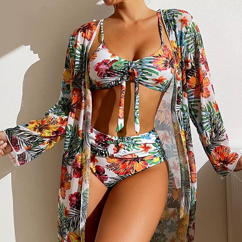 Bohemian Print Sexy Women'S Beach Bikinis Three Pieces Bikini Set Cover up Swimwear High Waisted Bikini Set Women Swimsuit 2025