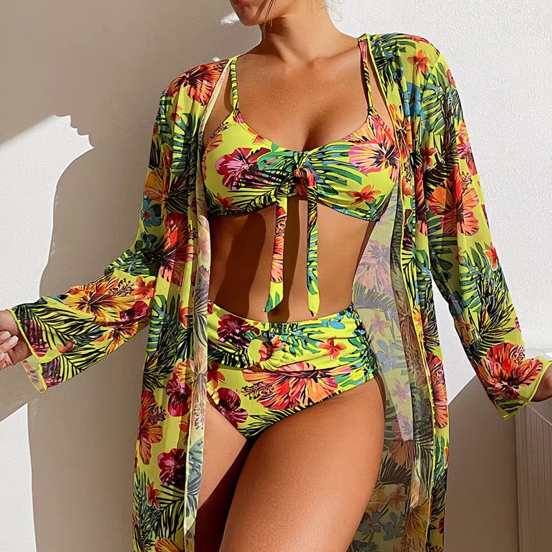 Bohemian Print Sexy Women'S Beach Bikinis Three Pieces Bikini Set Cover up Swimwear High Waisted Bikini Set Women Swimsuit 2025